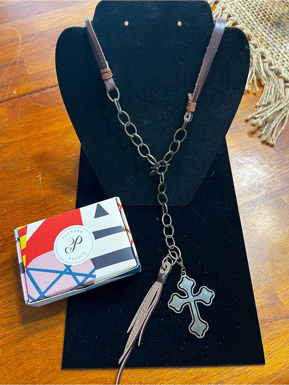 Plunder Brown Leather Tassel Necklace with Cross Pendant